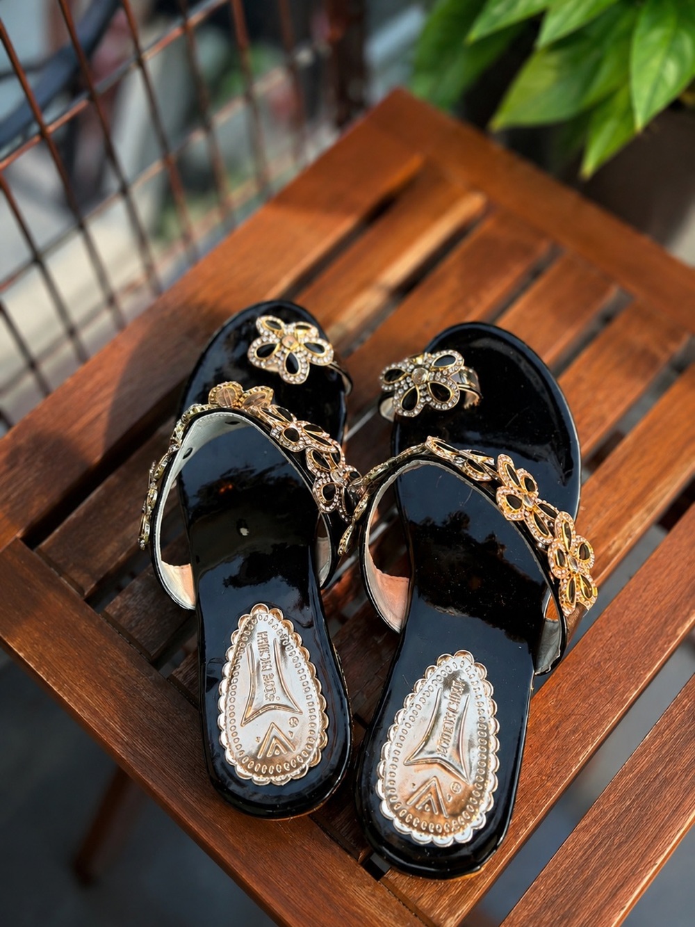 Black Patent Floral-Embellished Women’s Slide Sandals